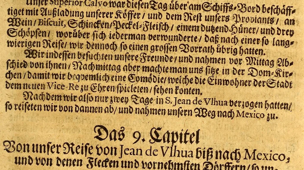 An illustration from Thomas Gage Neue merckwürdige Reise-Beschreibung nach Neü Spanien, : was ihm daselbst seltsames begegnet, und wie er durch die Provintz Nicaragua wider zurück nach der Havana gekehret: in welcher zu finden ist ein ausführlicher Bericht von der Stadt Mexico, wie selbte so wol vor alters gewesen, als auch wie sie ietzo beschaffen sey: ingleichen eine vollkommene Beschreibung aller Länder und Provinzen, welche die Spanier in gantz America besitzen; von ihrem Kirchen- und Policey-Regiment; ihrem Handel; wie auch von ihren und der Criollen, Mestifen [sic], Mulaten, Indianer und Schwartzen, Sitten und Lebens-Art. Deme allem zum Beschluss noch beygefüget ist ein kurtzer Unterricht von der Poconchischen oder Pocomanischen Sprache., 1693, leaf 53