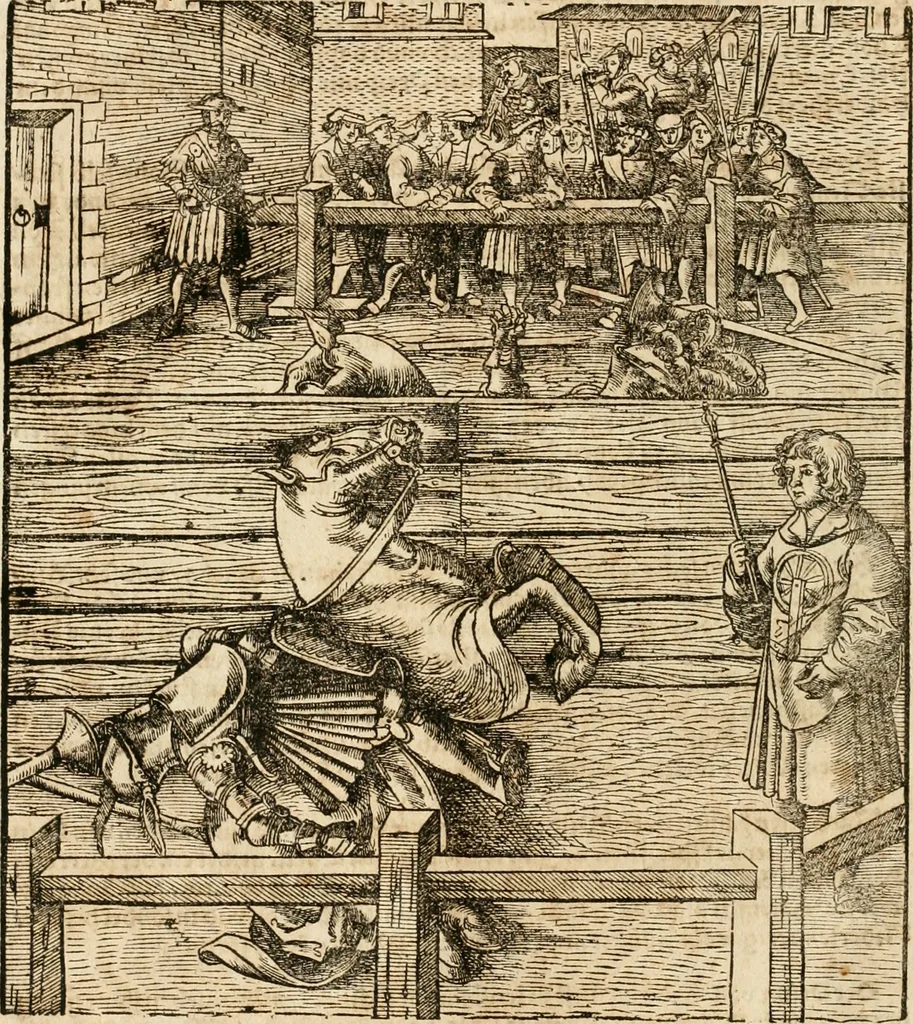 An illustration from Thournier, Kampff unnd Ritterspiel, inn Eroberunge aines gefährlichenn Thürns unnd zauberer Schloss : auch der abentheurlichen Insell unnd Güldinn Schwerdts zu Ehren dem hochgebornen durchleuchtigen Fürsten und Herrn, Herrn Philipsen, Princen auss Hispanien, zu Bintz und Marienberg ritterlich gehalten, 1550, leaf 13
