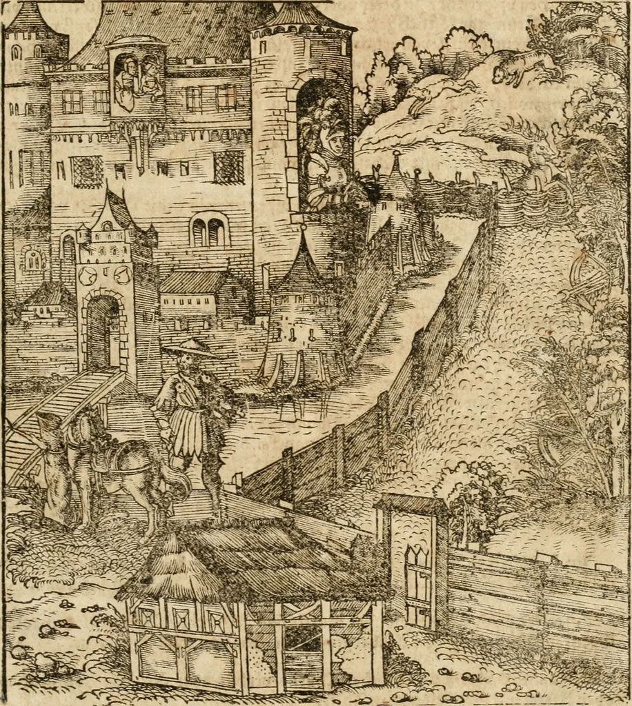 An illustration from Thournier, Kampff unnd Ritterspiel, inn Eroberunge aines gefährlichenn Thürns unnd zauberer Schloss : auch der abentheurlichen Insell unnd Güldinn Schwerdts zu Ehren dem hochgebornen durchleuchtigen Fürsten und Herrn, Herrn Philipsen, Princen auss Hispanien, zu Bintz und Marienberg ritterlich gehalten, 1550, leaf 14