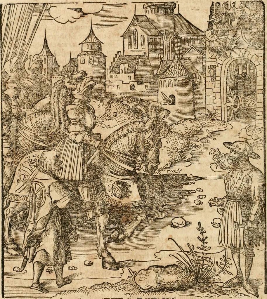 An illustration from Thournier, Kampff unnd Ritterspiel, inn Eroberunge aines gefährlichenn Thürns unnd zauberer Schloss : auch der abentheurlichen Insell unnd Güldinn Schwerdts zu Ehren dem hochgebornen durchleuchtigen Fürsten und Herrn, Herrn Philipsen, Princen auss Hispanien, zu Bintz und Marienberg ritterlich gehalten, 1550, leaf 21