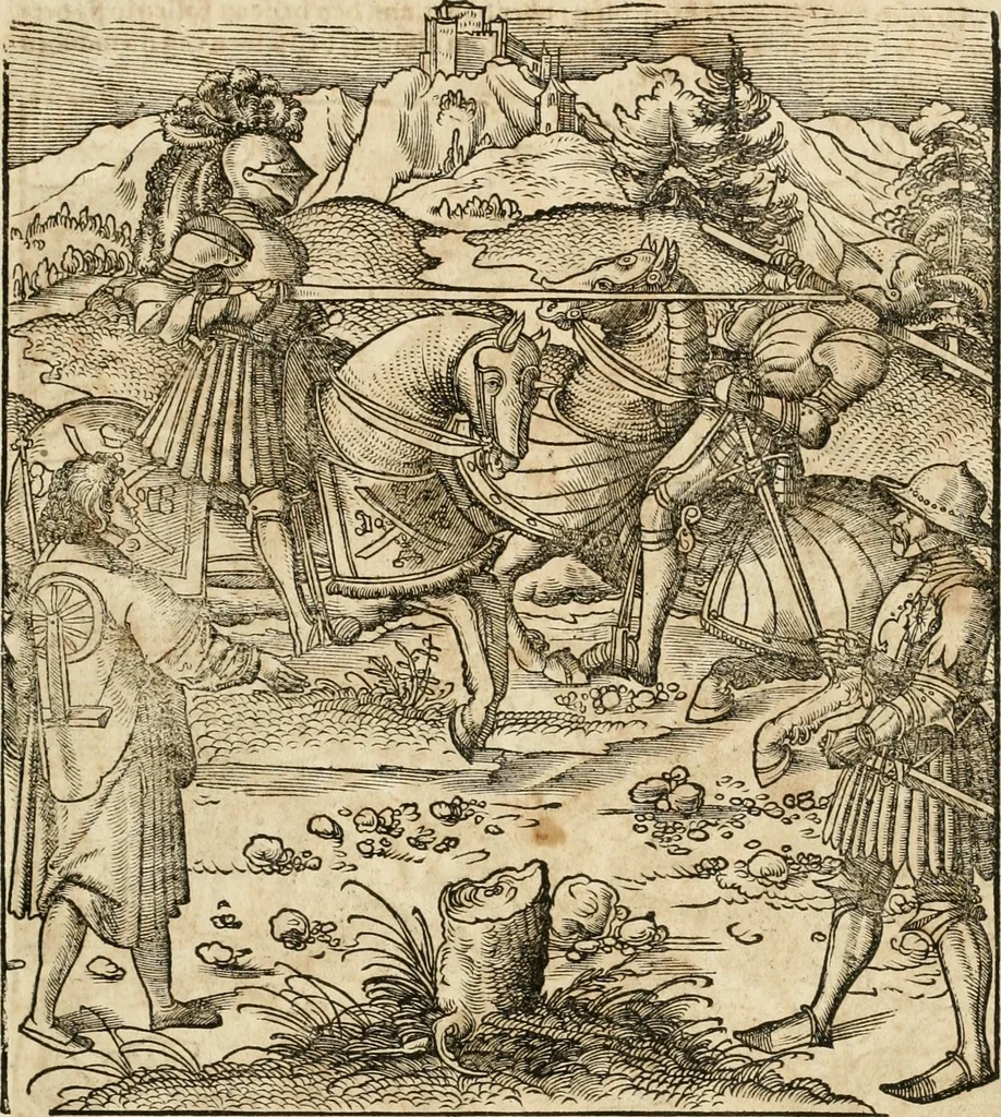 An illustration from Thournier, Kampff unnd Ritterspiel, inn Eroberunge aines gefährlichenn Thürns unnd zauberer Schloss : auch der abentheurlichen Insell unnd Güldinn Schwerdts zu Ehren dem hochgebornen durchleuchtigen Fürsten und Herrn, Herrn Philipsen, Princen auss Hispanien, zu Bintz und Marienberg ritterlich gehalten, 1550, leaf 22