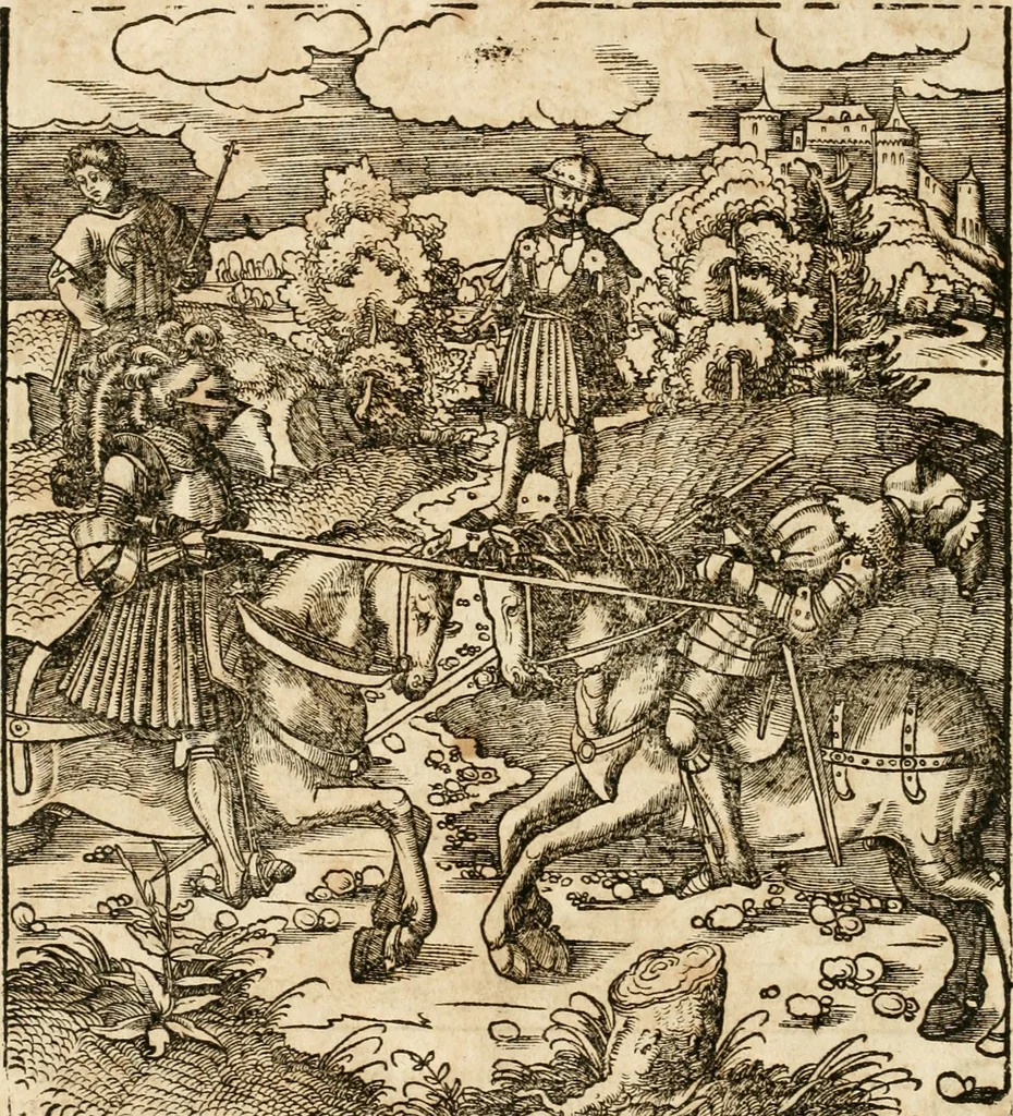 An illustration from Thournier, Kampff unnd Ritterspiel, inn Eroberunge aines gefährlichenn Thürns unnd zauberer Schloss : auch der abentheurlichen Insell unnd Güldinn Schwerdts zu Ehren dem hochgebornen durchleuchtigen Fürsten und Herrn, Herrn Philipsen, Princen auss Hispanien, zu Bintz und Marienberg ritterlich gehalten, 1550, leaf 23