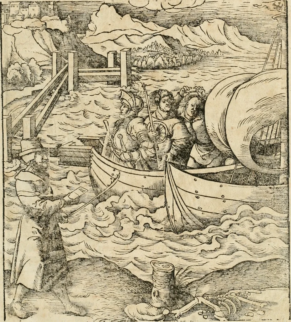 An illustration from Thournier, Kampff unnd Ritterspiel, inn Eroberunge aines gefährlichenn Thürns unnd zauberer Schloss : auch der abentheurlichen Insell unnd Güldinn Schwerdts zu Ehren dem hochgebornen durchleuchtigen Fürsten und Herrn, Herrn Philipsen, Princen auss Hispanien, zu Bintz und Marienberg ritterlich gehalten, 1550, leaf 24