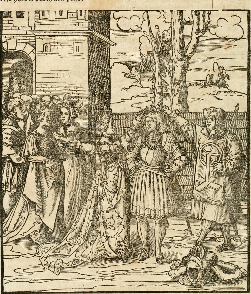 An illustration from Thournier, Kampff unnd Ritterspiel, inn Eroberunge aines gefährlichenn Thürns unnd zauberer Schloss : auch der abentheurlichen Insell unnd Güldinn Schwerdts zu Ehren dem hochgebornen durchleuchtigen Fürsten und Herrn, Herrn Philipsen, Princen auss Hispanien, zu Bintz und Marienberg ritterlich gehalten, 1550, leaf 25