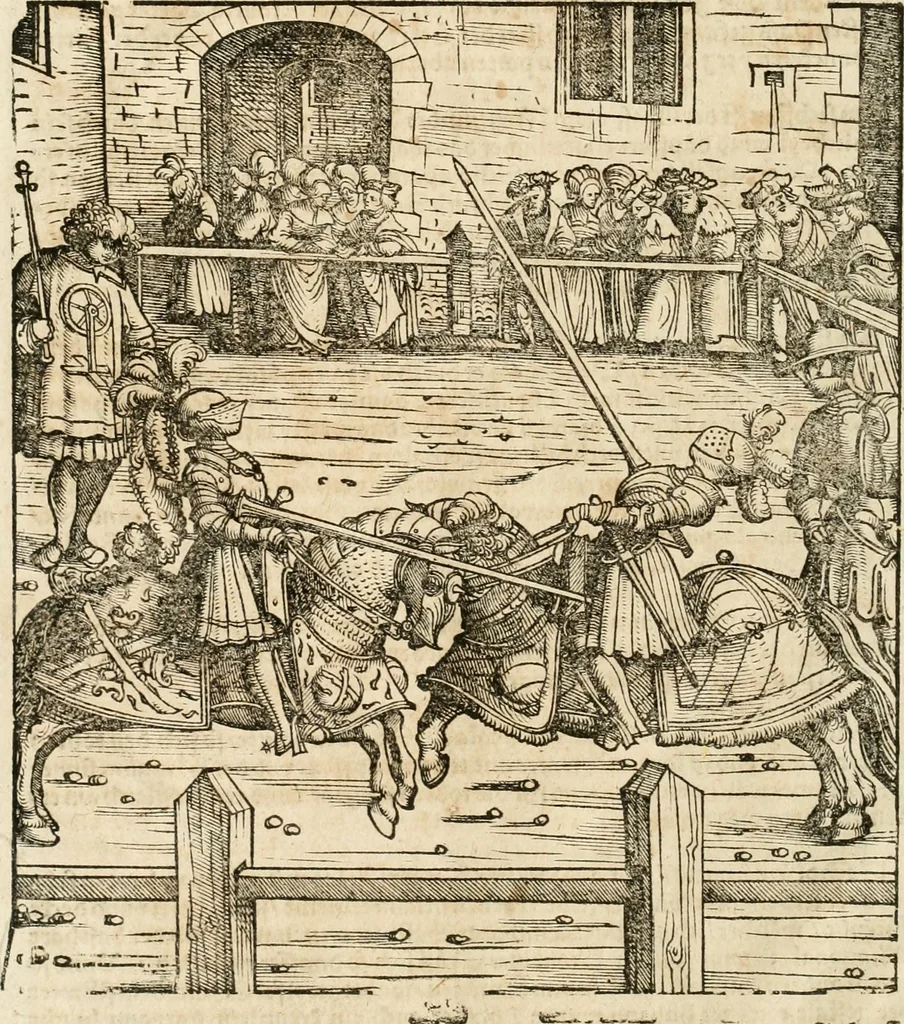 An illustration from Thournier, Kampff unnd Ritterspiel, inn Eroberunge aines gefährlichenn Thürns unnd zauberer Schloss : auch der abentheurlichen Insell unnd Güldinn Schwerdts zu Ehren dem hochgebornen durchleuchtigen Fürsten und Herrn, Herrn Philipsen, Princen auss Hispanien, zu Bintz und Marienberg ritterlich gehalten, 1550, leaf 27
