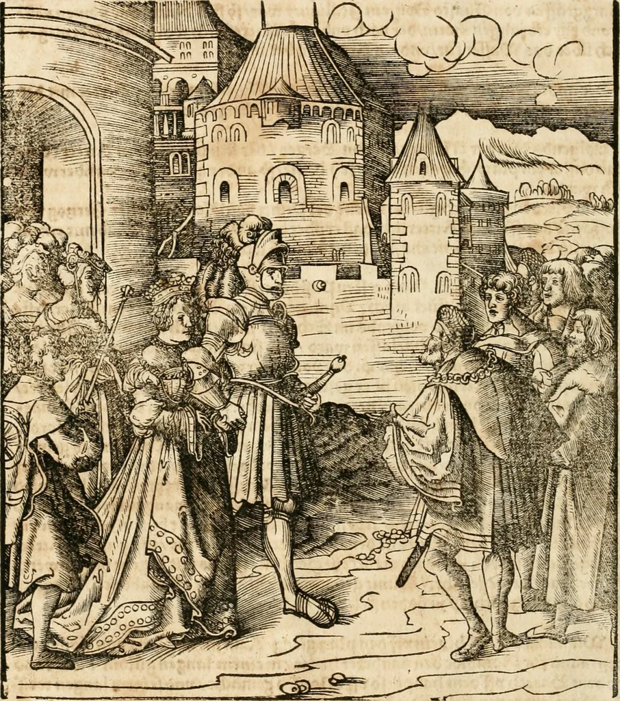 An illustration from Thournier, Kampff unnd Ritterspiel, inn Eroberunge aines gefährlichenn Thürns unnd zauberer Schloss : auch der abentheurlichen Insell unnd Güldinn Schwerdts zu Ehren dem hochgebornen durchleuchtigen Fürsten und Herrn, Herrn Philipsen, Princen auss Hispanien, zu Bintz und Marienberg ritterlich gehalten, 1550, leaf 29
