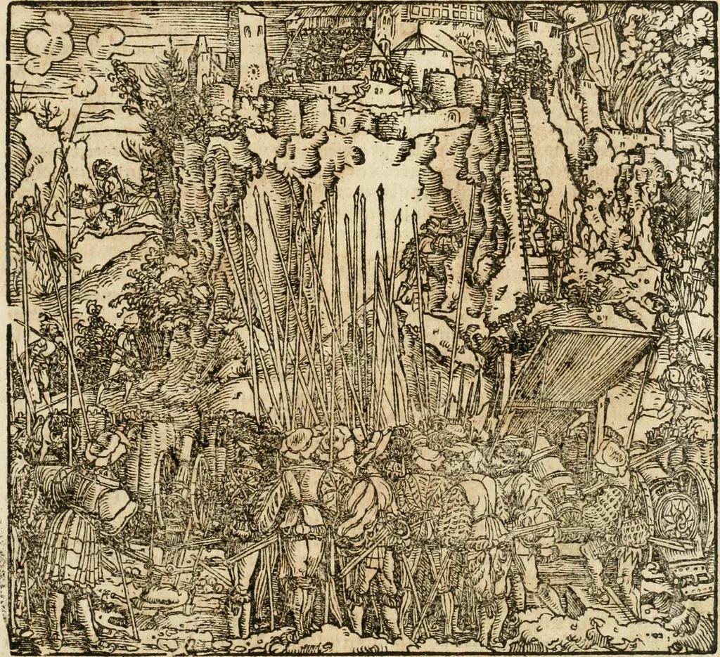 An illustration from Thournier, Kampff unnd Ritterspiel, inn Eroberunge aines gefährlichenn Thürns unnd zauberer Schloss : auch der abentheurlichen Insell unnd Güldinn Schwerdts zu Ehren dem hochgebornen durchleuchtigen Fürsten und Herrn, Herrn Philipsen, Princen auss Hispanien, zu Bintz und Marienberg ritterlich gehalten, 1550, leaf 30