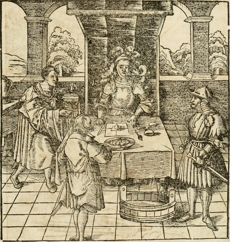 An illustration from Thournier, Kampff unnd Ritterspiel, inn Eroberunge aines gefährlichenn Thürns unnd zauberer Schloss : auch der abentheurlichen Insell unnd Güldinn Schwerdts zu Ehren dem hochgebornen durchleuchtigen Fürsten und Herrn, Herrn Philipsen, Princen auss Hispanien, zu Bintz und Marienberg ritterlich gehalten, 1550, leaf 32