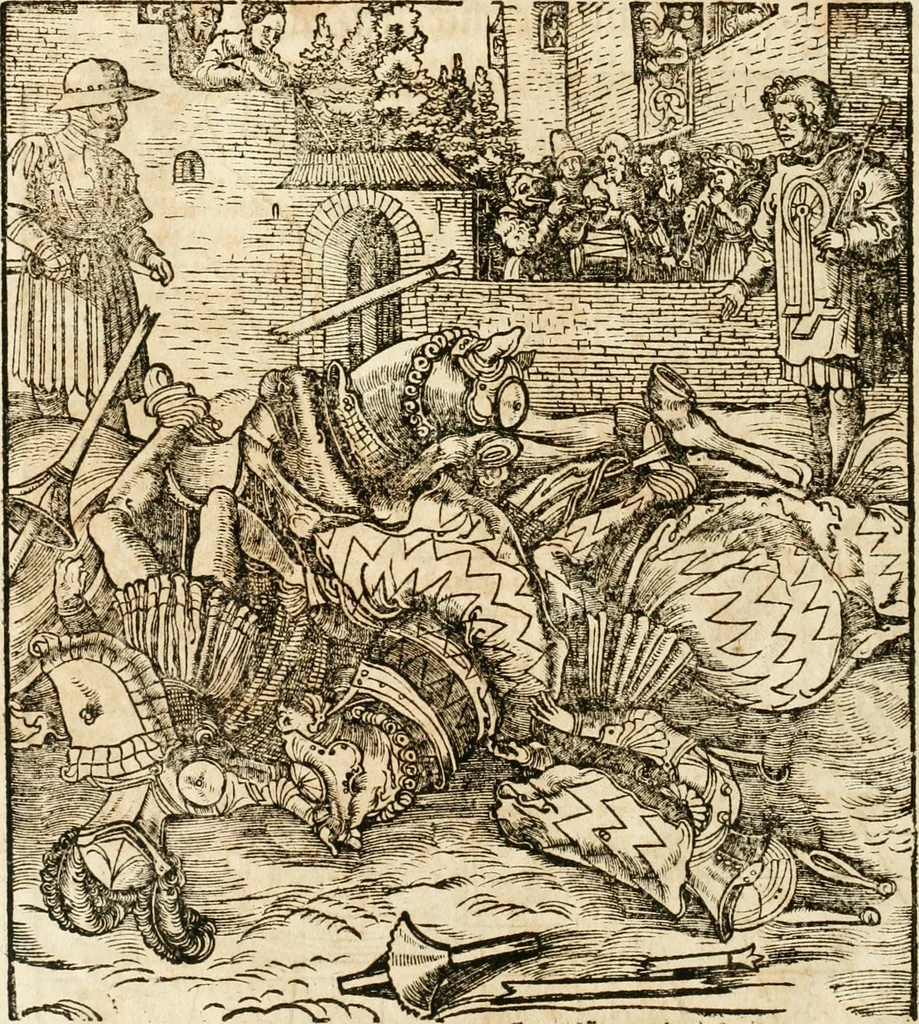 An illustration from Thournier, Kampff unnd Ritterspiel, inn Eroberunge aines gefährlichenn Thürns unnd zauberer Schloss : auch der abentheurlichen Insell unnd Güldinn Schwerdts zu Ehren dem hochgebornen durchleuchtigen Fürsten und Herrn, Herrn Philipsen, Princen auss Hispanien, zu Bintz und Marienberg ritterlich gehalten, 1550, leaf 33