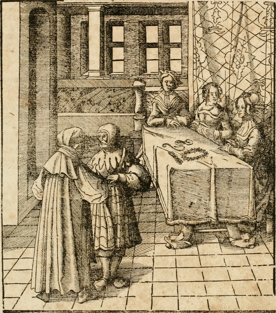 An illustration from Thournier, Kampff unnd Ritterspiel, inn Eroberunge aines gefährlichenn Thürns unnd zauberer Schloss : auch der abentheurlichen Insell unnd Güldinn Schwerdts zu Ehren dem hochgebornen durchleuchtigen Fürsten und Herrn, Herrn Philipsen, Princen auss Hispanien, zu Bintz und Marienberg ritterlich gehalten, 1550, leaf 36