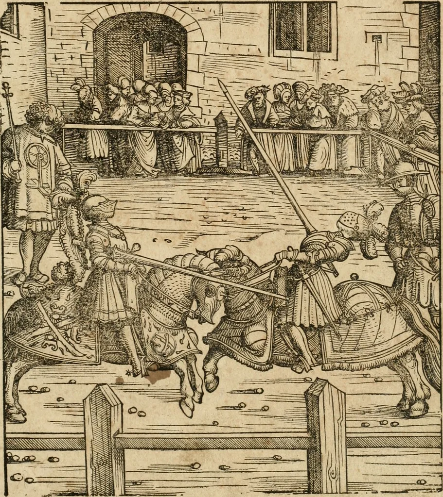 An illustration from Thournier, Kampff unnd Ritterspiel, inn Eroberunge aines gefährlichenn Thürns unnd zauberer Schloss : auch der abentheurlichen Insell unnd Güldinn Schwerdts zu Ehren dem hochgebornen durchleuchtigen Fürsten und Herrn, Herrn Philipsen, Princen auss Hispanien, zu Bintz und Marienberg ritterlich gehalten, 1550, leaf 6