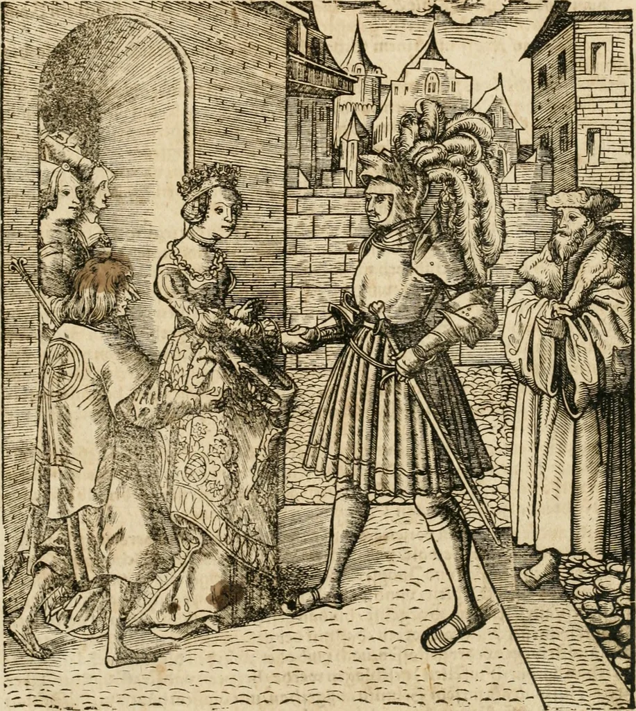 An illustration from Thournier, Kampff unnd Ritterspiel, inn Eroberunge aines gefährlichenn Thürns unnd zauberer Schloss : auch der abentheurlichen Insell unnd Güldinn Schwerdts zu Ehren dem hochgebornen durchleuchtigen Fürsten und Herrn, Herrn Philipsen, Princen auss Hispanien, zu Bintz und Marienberg ritterlich gehalten, 1550, leaf 8