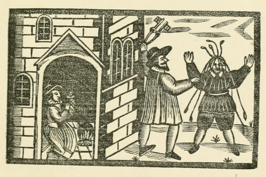 An illustration from A three-fold discourse betweene three neighbours, Algate, Bishopsgate, and John Heyden the late cobler of Hounsditch, a professed Brownist. Whereunto is added a true relation (by way of dittie) of a lamentable fire which happened at Oxford two nightsbefore Christ-tide last, in a religious brothers shop, knowne by the name of Iohn of All-trades, 1642, leaf 3