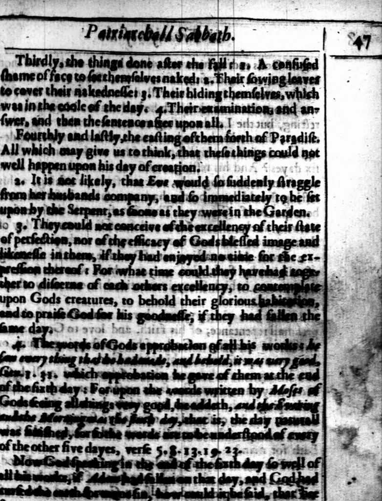 An illustration from A threefold treatise of the Sabbath, distinctly divided into the patriarchall, Mosaicall, Christian Sabbath for the better clearning and manifestation of the truth in this controversie concerning the weekly Sabbath, 1641, leaf 483