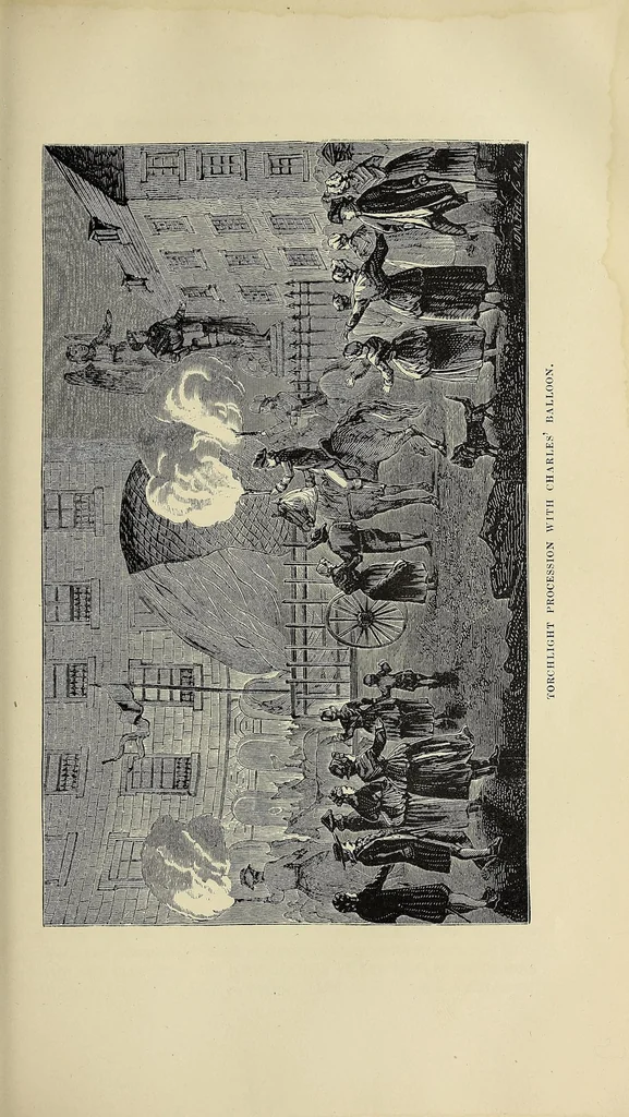 An illustration from Through the air: a narrative of forty years' experience as an aëronaut. Comprising a history of the various attempts in the art of flying by artificial means from the earliest period down to the present time. With an account of the author's most important air-voyages and his many thrilling adventures and hairbreadth escapes. Also, an appendix, in which are given full instructions for the manufacture and management of balloons, 1873, leaf 111
