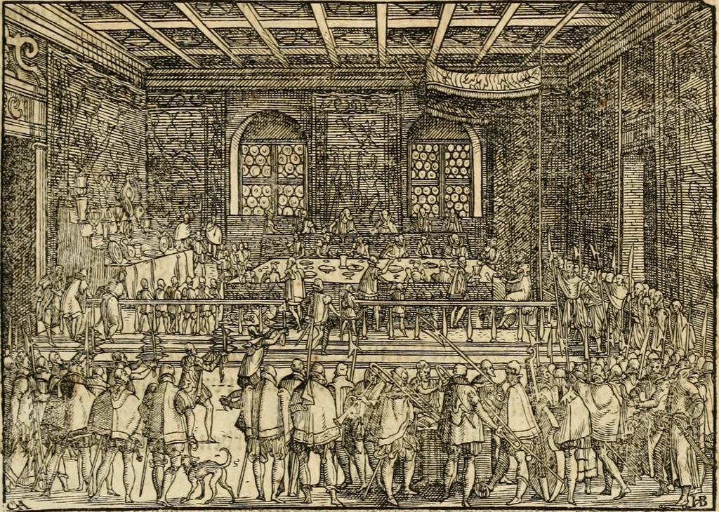 An illustration from Thurnier Buch : von Anfang, Vrsachen, Vrsprung vnd Herkommen der Thurnier im Heyligen Römischen Reich Teutscher Nation, wie viel offentlicher Landthurnier von Keyser Heinrich dem Ersten dieses Namens an biss auff den jetztregierenden Keyser Maximilian den Andern ... vnd in welchen Stetten die alle gehalten ... Alles jetzunder von neuwem zusammen getragen, mit schönen neuwen Figuren, sonderlich auch der adelischen Wappen, auffs schönest zugericht .., 1566, leaf 100