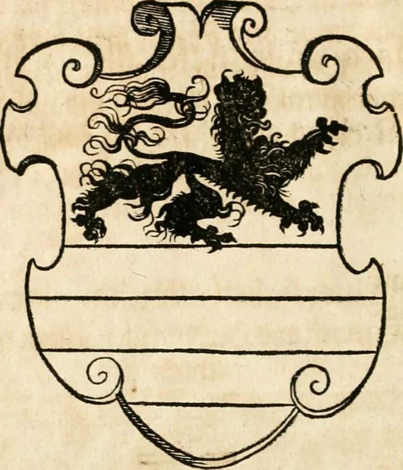 An illustration from Thurnier Buch : von Anfang, Vrsachen, Vrsprung vnd Herkommen der Thurnier im Heyligen Römischen Reich Teutscher Nation, wie viel offentlicher Landthurnier von Keyser Heinrich dem Ersten dieses Namens an biss auff den jetztregierenden Keyser Maximilian den Andern ... vnd in welchen Stetten die alle gehalten ... Alles jetzunder von neuwem zusammen getragen, mit schönen neuwen Figuren, sonderlich auch der adelischen Wappen, auffs schönest zugericht .., 1566, leaf 103