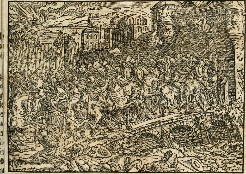 An illustration from Thurnier Buch : von Anfang, Vrsachen, Vrsprung vnd Herkommen der Thurnier im Heyligen Römischen Reich Teutscher Nation, wie viel offentlicher Landthurnier von Keyser Heinrich dem Ersten dieses Namens an biss auff den jetztregierenden Keyser Maximilian den Andern ... vnd in welchen Stetten die alle gehalten ... Alles jetzunder von neuwem zusammen getragen, mit schönen neuwen Figuren, sonderlich auch der adelischen Wappen, auffs schönest zugericht .., 1566, leaf 104