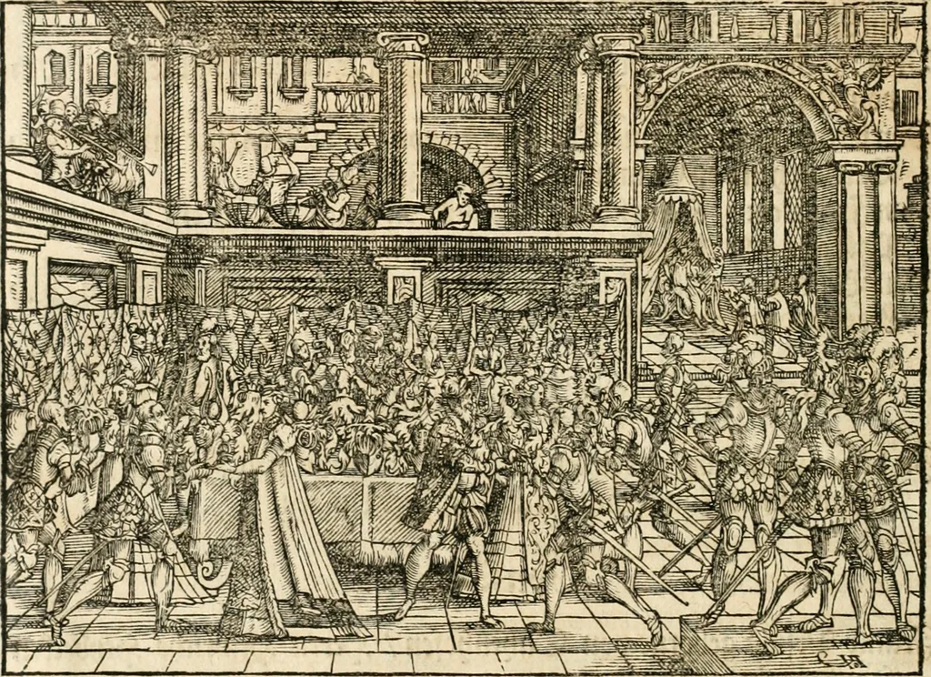 An illustration from Thurnier Buch : von Anfang, Vrsachen, Vrsprung vnd Herkommen der Thurnier im Heyligen Römischen Reich Teutscher Nation, wie viel offentlicher Landthurnier von Keyser Heinrich dem Ersten dieses Namens an biss auff den jetztregierenden Keyser Maximilian den Andern ... vnd in welchen Stetten die alle gehalten ... Alles jetzunder von neuwem zusammen getragen, mit schönen neuwen Figuren, sonderlich auch der adelischen Wappen, auffs schönest zugericht .., 1566, leaf 107