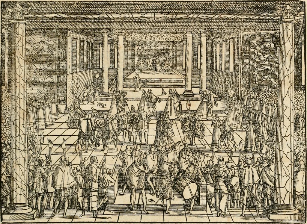 An illustration from Thurnier Buch : von Anfang, Vrsachen, Vrsprung vnd Herkommen der Thurnier im Heyligen Römischen Reich Teutscher Nation, wie viel offentlicher Landthurnier von Keyser Heinrich dem Ersten dieses Namens an biss auff den jetztregierenden Keyser Maximilian den Andern ... vnd in welchen Stetten die alle gehalten ... Alles jetzunder von neuwem zusammen getragen, mit schönen neuwen Figuren, sonderlich auch der adelischen Wappen, auffs schönest zugericht .., 1566, leaf 110