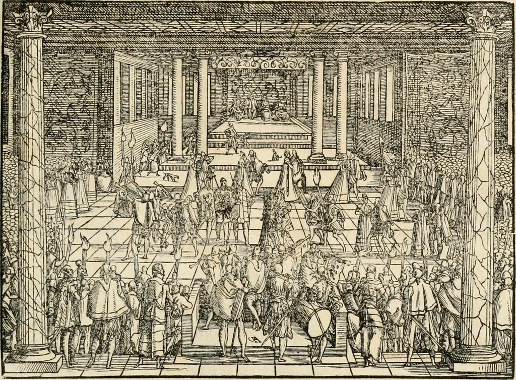 An illustration from Thurnier Buch : von Anfang, Vrsachen, Vrsprung vnd Herkommen der Thurnier im Heyligen Römischen Reich Teutscher Nation, wie viel offentlicher Landthurnier von Keyser Heinrich dem Ersten dieses Namens an biss auff den jetztregierenden Keyser Maximilian den Andern ... vnd in welchen Stetten die alle gehalten ... Alles jetzunder von neuwem zusammen getragen, mit schönen neuwen Figuren, sonderlich auch der adelischen Wappen, auffs schönest zugericht .., 1566, leaf 120