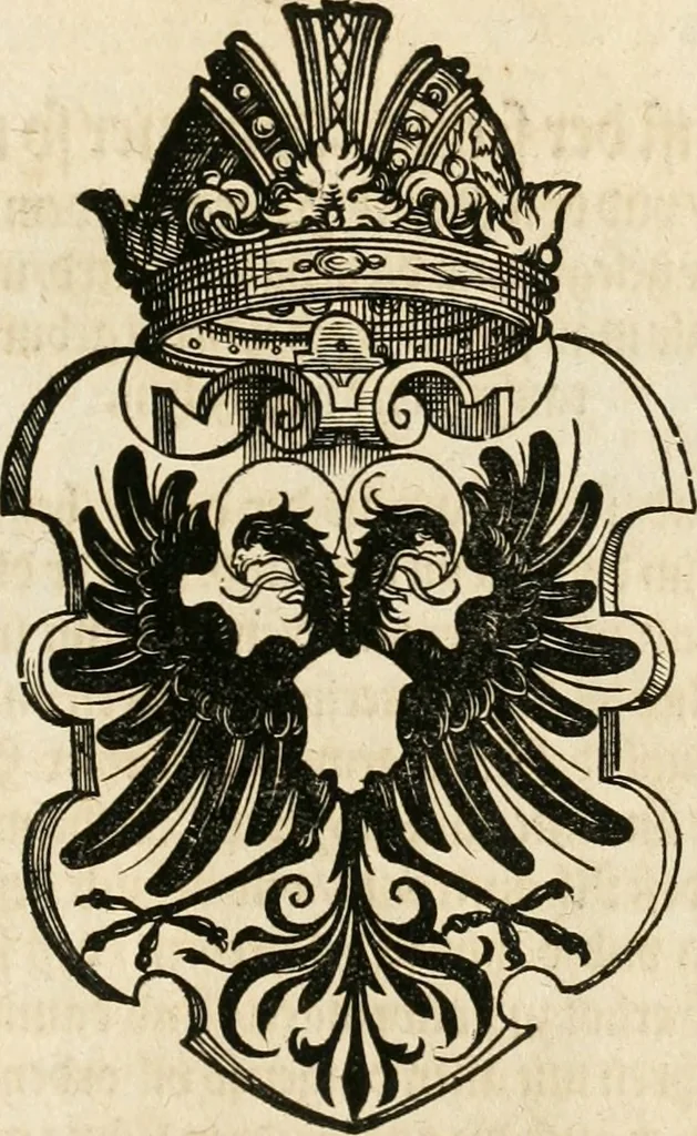An illustration from Thurnier Buch : von Anfang, Vrsachen, Vrsprung vnd Herkommen der Thurnier im Heyligen Römischen Reich Teutscher Nation, wie viel offentlicher Landthurnier von Keyser Heinrich dem Ersten dieses Namens an biss auff den jetztregierenden Keyser Maximilian den Andern ... vnd in welchen Stetten die alle gehalten ... Alles jetzunder von neuwem zusammen getragen, mit schönen neuwen Figuren, sonderlich auch der adelischen Wappen, auffs schönest zugericht .., 1566, leaf 122