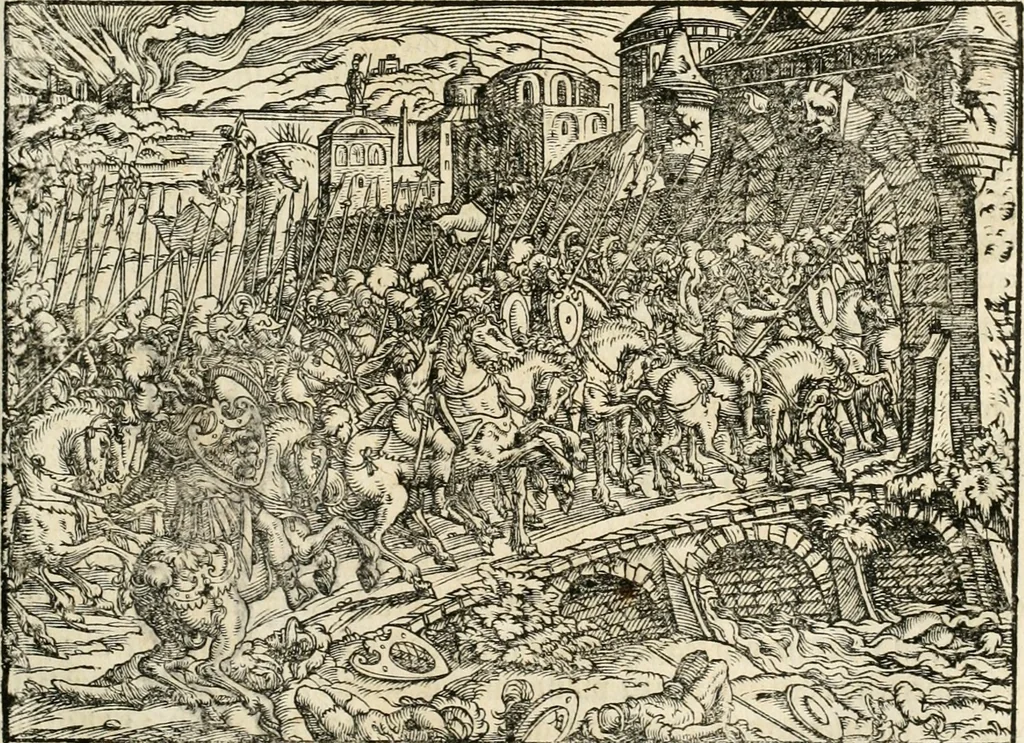 An illustration from Thurnier Buch : von Anfang, Vrsachen, Vrsprung vnd Herkommen der Thurnier im Heyligen Römischen Reich Teutscher Nation, wie viel offentlicher Landthurnier von Keyser Heinrich dem Ersten dieses Namens an biss auff den jetztregierenden Keyser Maximilian den Andern ... vnd in welchen Stetten die alle gehalten ... Alles jetzunder von neuwem zusammen getragen, mit schönen neuwen Figuren, sonderlich auch der adelischen Wappen, auffs schönest zugericht .., 1566, leaf 124