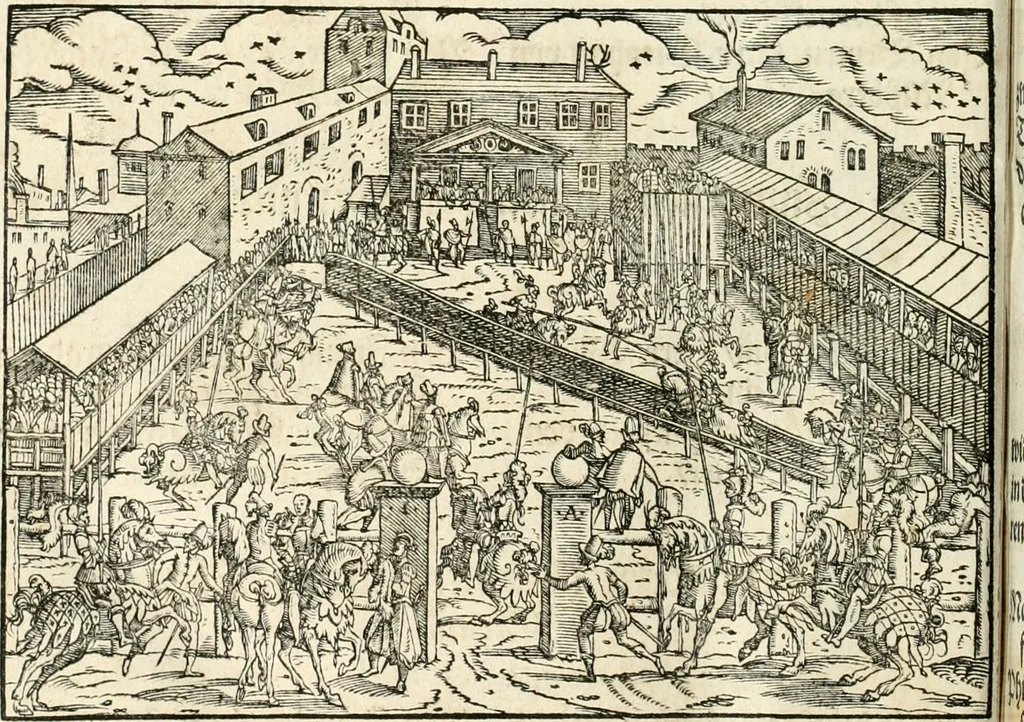 An illustration from Thurnier Buch : von Anfang, Vrsachen, Vrsprung vnd Herkommen der Thurnier im Heyligen Römischen Reich Teutscher Nation, wie viel offentlicher Landthurnier von Keyser Heinrich dem Ersten dieses Namens an biss auff den jetztregierenden Keyser Maximilian den Andern ... vnd in welchen Stetten die alle gehalten ... Alles jetzunder von neuwem zusammen getragen, mit schönen neuwen Figuren, sonderlich auch der adelischen Wappen, auffs schönest zugericht .., 1566, leaf 127