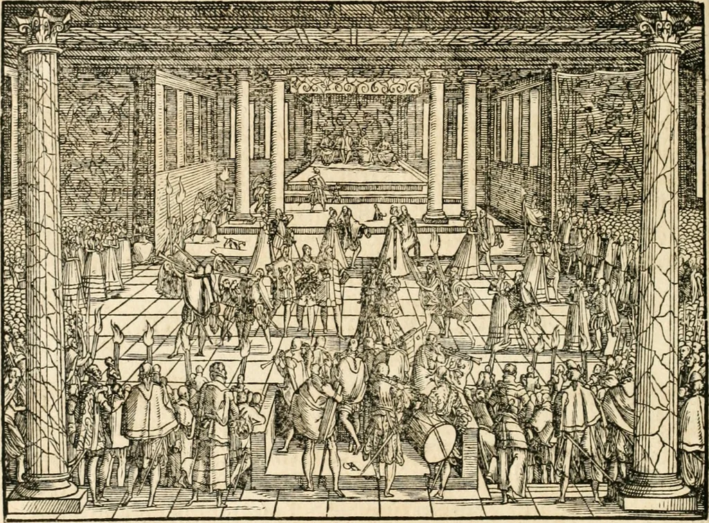 An illustration from Thurnier Buch : von Anfang, Vrsachen, Vrsprung vnd Herkommen der Thurnier im Heyligen Römischen Reich Teutscher Nation, wie viel offentlicher Landthurnier von Keyser Heinrich dem Ersten dieses Namens an biss auff den jetztregierenden Keyser Maximilian den Andern ... vnd in welchen Stetten die alle gehalten ... Alles jetzunder von neuwem zusammen getragen, mit schönen neuwen Figuren, sonderlich auch der adelischen Wappen, auffs schönest zugericht .., 1566, leaf 131