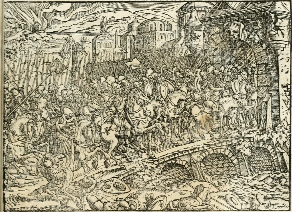 An illustration from Thurnier Buch : von Anfang, Vrsachen, Vrsprung vnd Herkommen der Thurnier im Heyligen Römischen Reich Teutscher Nation, wie viel offentlicher Landthurnier von Keyser Heinrich dem Ersten dieses Namens an biss auff den jetztregierenden Keyser Maximilian den Andern ... vnd in welchen Stetten die alle gehalten ... Alles jetzunder von neuwem zusammen getragen, mit schönen neuwen Figuren, sonderlich auch der adelischen Wappen, auffs schönest zugericht .., 1566, leaf 136