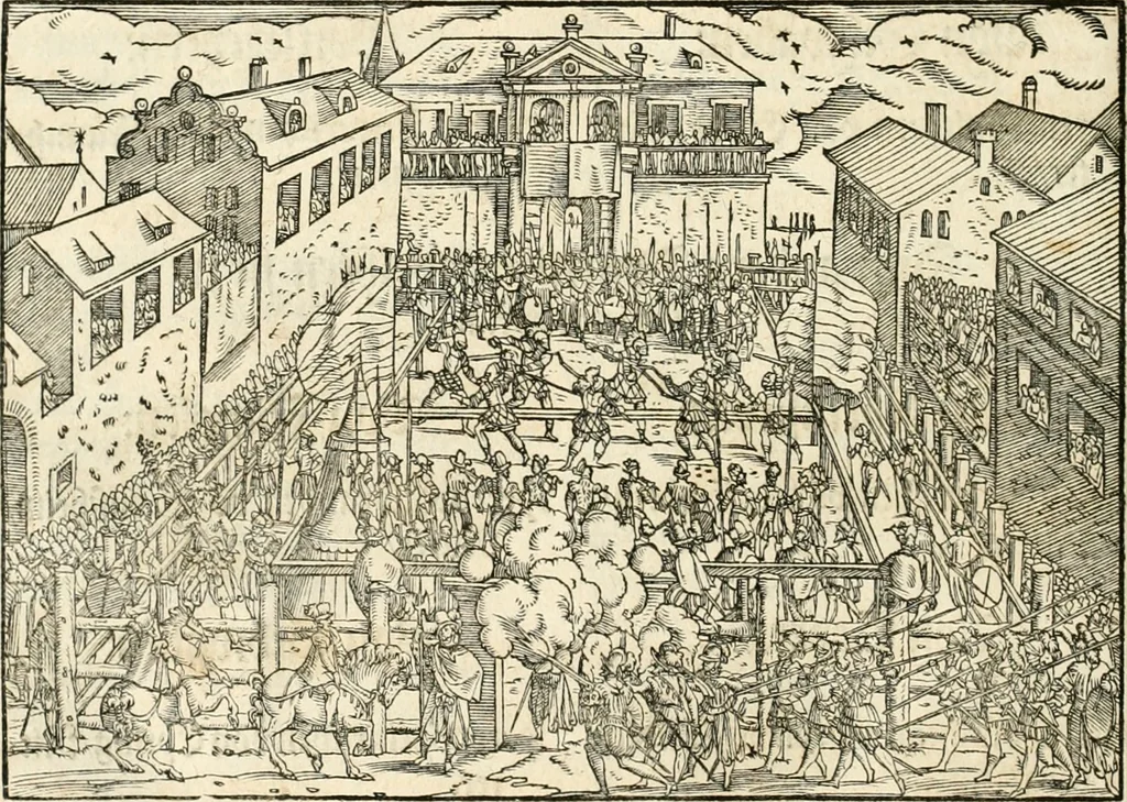 An illustration from Thurnier Buch : von Anfang, Vrsachen, Vrsprung vnd Herkommen der Thurnier im Heyligen Römischen Reich Teutscher Nation, wie viel offentlicher Landthurnier von Keyser Heinrich dem Ersten dieses Namens an biss auff den jetztregierenden Keyser Maximilian den Andern ... vnd in welchen Stetten die alle gehalten ... Alles jetzunder von neuwem zusammen getragen, mit schönen neuwen Figuren, sonderlich auch der adelischen Wappen, auffs schönest zugericht .., 1566, leaf 139