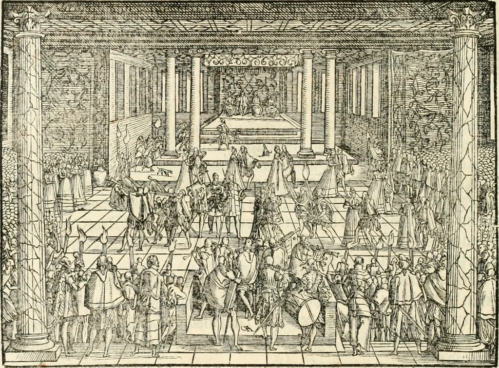 An illustration from Thurnier Buch : von Anfang, Vrsachen, Vrsprung vnd Herkommen der Thurnier im Heyligen Römischen Reich Teutscher Nation, wie viel offentlicher Landthurnier von Keyser Heinrich dem Ersten dieses Namens an biss auff den jetztregierenden Keyser Maximilian den Andern ... vnd in welchen Stetten die alle gehalten ... Alles jetzunder von neuwem zusammen getragen, mit schönen neuwen Figuren, sonderlich auch der adelischen Wappen, auffs schönest zugericht .., 1566, leaf 143