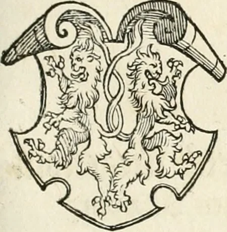 An illustration from Thurnier Buch : von Anfang, Vrsachen, Vrsprung vnd Herkommen der Thurnier im Heyligen Römischen Reich Teutscher Nation, wie viel offentlicher Landthurnier von Keyser Heinrich dem Ersten dieses Namens an biss auff den jetztregierenden Keyser Maximilian den Andern ... vnd in welchen Stetten die alle gehalten ... Alles jetzunder von neuwem zusammen getragen, mit schönen neuwen Figuren, sonderlich auch der adelischen Wappen, auffs schönest zugericht .., 1566, leaf 146