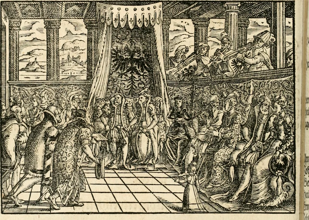 An illustration from Thurnier Buch : von Anfang, Vrsachen, Vrsprung vnd Herkommen der Thurnier im Heyligen Römischen Reich Teutscher Nation, wie viel offentlicher Landthurnier von Keyser Heinrich dem Ersten dieses Namens an biss auff den jetztregierenden Keyser Maximilian den Andern ... vnd in welchen Stetten die alle gehalten ... Alles jetzunder von neuwem zusammen getragen, mit schönen neuwen Figuren, sonderlich auch der adelischen Wappen, auffs schönest zugericht .., 1566, leaf 151