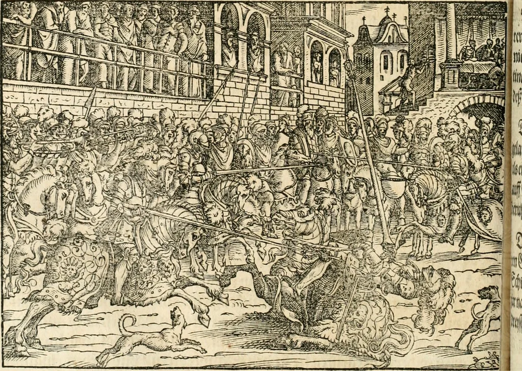 An illustration from Thurnier Buch : von Anfang, Vrsachen, Vrsprung vnd Herkommen der Thurnier im Heyligen Römischen Reich Teutscher Nation, wie viel offentlicher Landthurnier von Keyser Heinrich dem Ersten dieses Namens an biss auff den jetztregierenden Keyser Maximilian den Andern ... vnd in welchen Stetten die alle gehalten ... Alles jetzunder von neuwem zusammen getragen, mit schönen neuwen Figuren, sonderlich auch der adelischen Wappen, auffs schönest zugericht .., 1566, leaf 163