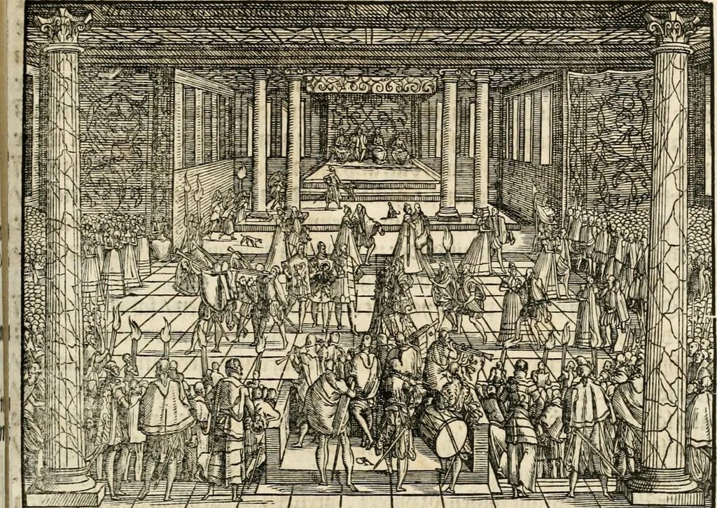 An illustration from Thurnier Buch : von Anfang, Vrsachen, Vrsprung vnd Herkommen der Thurnier im Heyligen Römischen Reich Teutscher Nation, wie viel offentlicher Landthurnier von Keyser Heinrich dem Ersten dieses Namens an biss auff den jetztregierenden Keyser Maximilian den Andern ... vnd in welchen Stetten die alle gehalten ... Alles jetzunder von neuwem zusammen getragen, mit schönen neuwen Figuren, sonderlich auch der adelischen Wappen, auffs schönest zugericht .., 1566, leaf 166