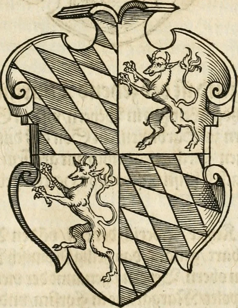 An illustration from Thurnier Buch : von Anfang, Vrsachen, Vrsprung vnd Herkommen der Thurnier im Heyligen Römischen Reich Teutscher Nation, wie viel offentlicher Landthurnier von Keyser Heinrich dem Ersten dieses Namens an biss auff den jetztregierenden Keyser Maximilian den Andern ... vnd in welchen Stetten die alle gehalten ... Alles jetzunder von neuwem zusammen getragen, mit schönen neuwen Figuren, sonderlich auch der adelischen Wappen, auffs schönest zugericht .., 1566, leaf 168