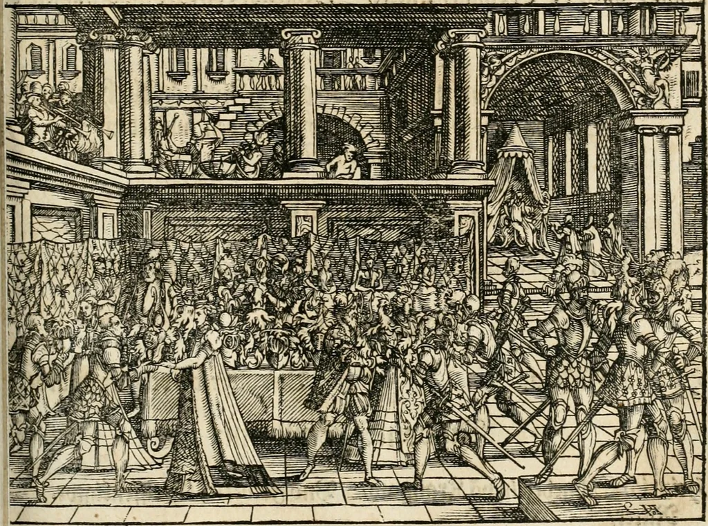 An illustration from Thurnier Buch : von Anfang, Vrsachen, Vrsprung vnd Herkommen der Thurnier im Heyligen Römischen Reich Teutscher Nation, wie viel offentlicher Landthurnier von Keyser Heinrich dem Ersten dieses Namens an biss auff den jetztregierenden Keyser Maximilian den Andern ... vnd in welchen Stetten die alle gehalten ... Alles jetzunder von neuwem zusammen getragen, mit schönen neuwen Figuren, sonderlich auch der adelischen Wappen, auffs schönest zugericht .., 1566, leaf 184