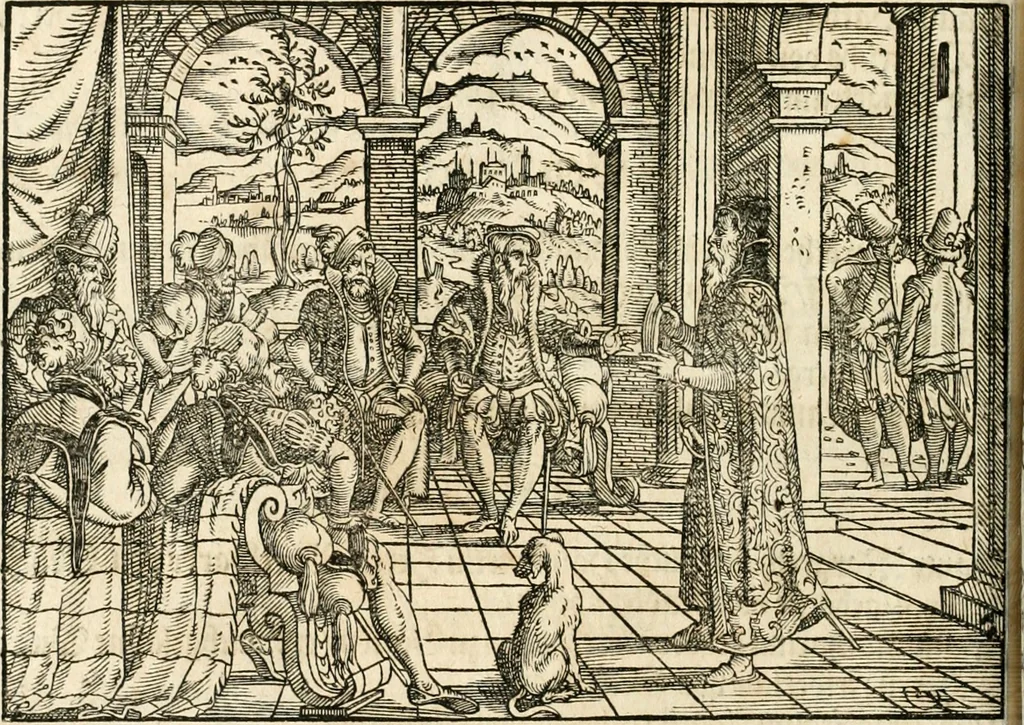 An illustration from Thurnier Buch : von Anfang, Vrsachen, Vrsprung vnd Herkommen der Thurnier im Heyligen Römischen Reich Teutscher Nation, wie viel offentlicher Landthurnier von Keyser Heinrich dem Ersten dieses Namens an biss auff den jetztregierenden Keyser Maximilian den Andern ... vnd in welchen Stetten die alle gehalten ... Alles jetzunder von neuwem zusammen getragen, mit schönen neuwen Figuren, sonderlich auch der adelischen Wappen, auffs schönest zugericht .., 1566, leaf 187