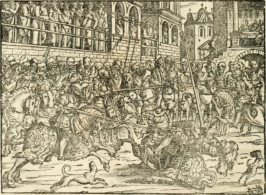 An illustration from Thurnier Buch : von Anfang, Vrsachen, Vrsprung vnd Herkommen der Thurnier im Heyligen Römischen Reich Teutscher Nation, wie viel offentlicher Landthurnier von Keyser Heinrich dem Ersten dieses Namens an biss auff den jetztregierenden Keyser Maximilian den Andern ... vnd in welchen Stetten die alle gehalten ... Alles jetzunder von neuwem zusammen getragen, mit schönen neuwen Figuren, sonderlich auch der adelischen Wappen, auffs schönest zugericht .., 1566, leaf 191