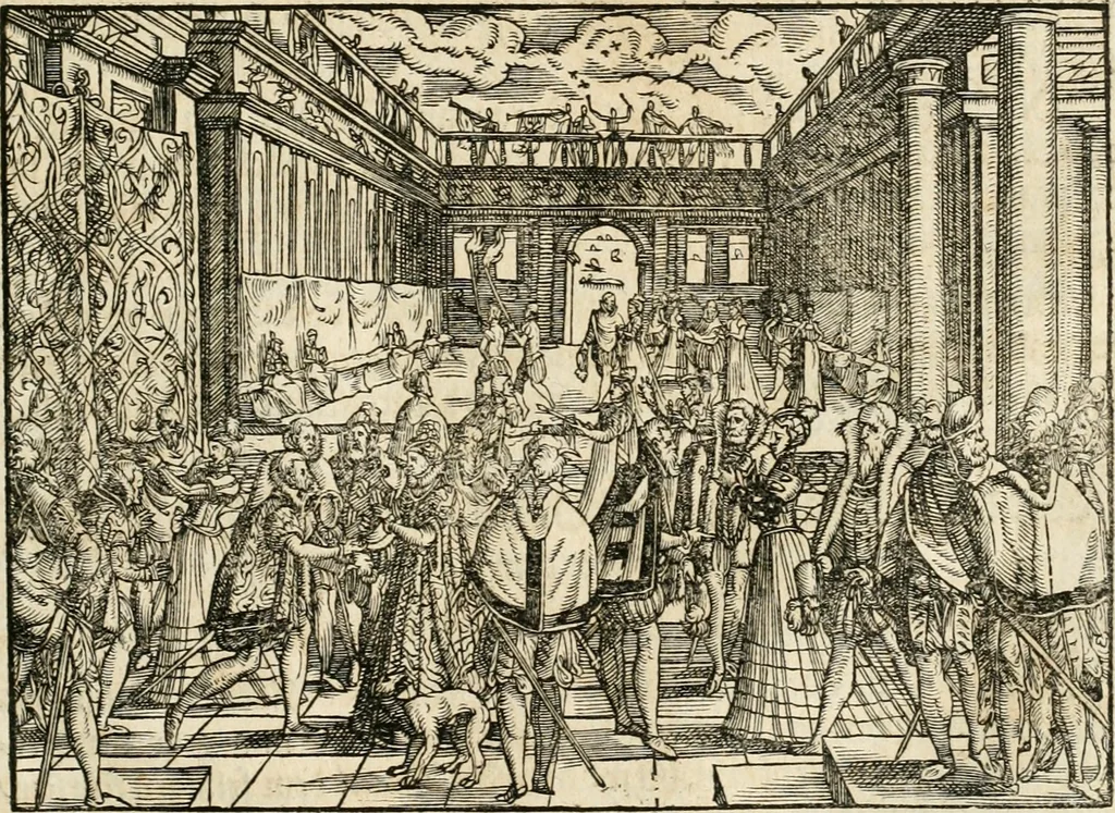 An illustration from Thurnier Buch : von Anfang, Vrsachen, Vrsprung vnd Herkommen der Thurnier im Heyligen Römischen Reich Teutscher Nation, wie viel offentlicher Landthurnier von Keyser Heinrich dem Ersten dieses Namens an biss auff den jetztregierenden Keyser Maximilian den Andern ... vnd in welchen Stetten die alle gehalten ... Alles jetzunder von neuwem zusammen getragen, mit schönen neuwen Figuren, sonderlich auch der adelischen Wappen, auffs schönest zugericht .., 1566, leaf 194