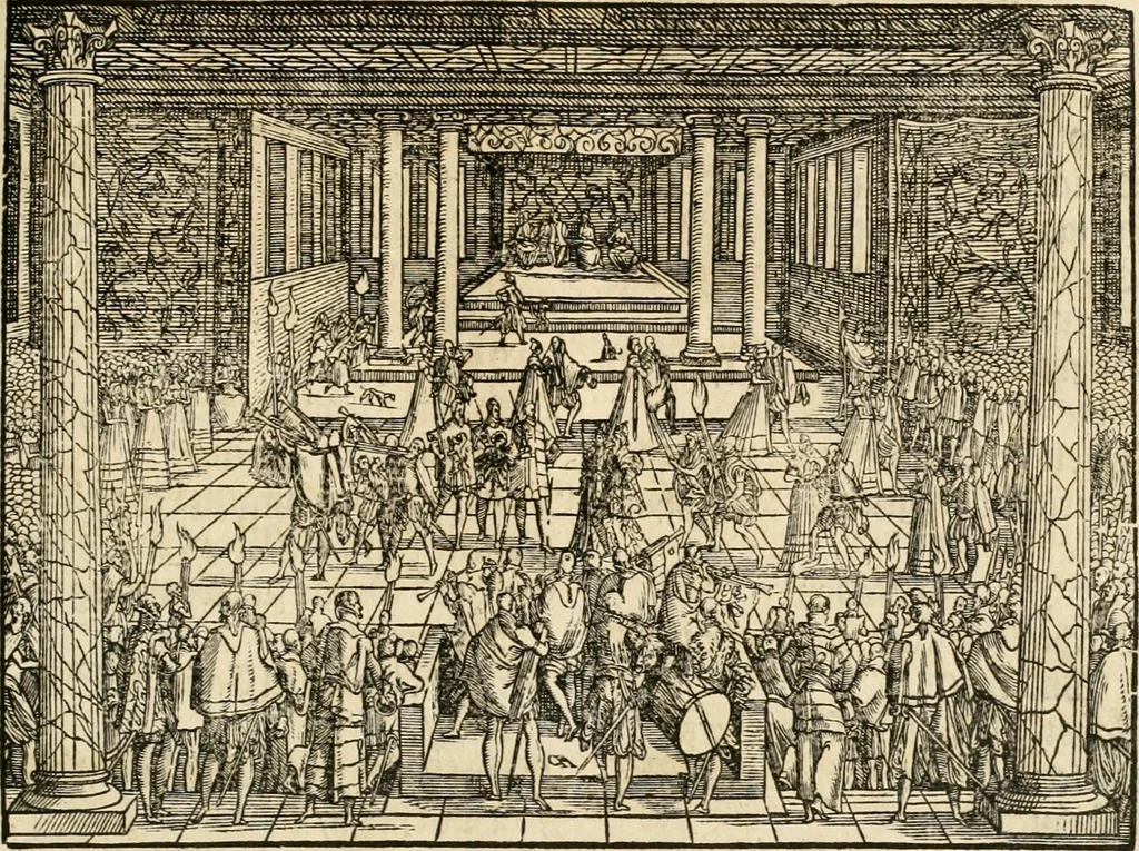 An illustration from Thurnier Buch : von Anfang, Vrsachen, Vrsprung vnd Herkommen der Thurnier im Heyligen Römischen Reich Teutscher Nation, wie viel offentlicher Landthurnier von Keyser Heinrich dem Ersten dieses Namens an biss auff den jetztregierenden Keyser Maximilian den Andern ... vnd in welchen Stetten die alle gehalten ... Alles jetzunder von neuwem zusammen getragen, mit schönen neuwen Figuren, sonderlich auch der adelischen Wappen, auffs schönest zugericht .., 1566, leaf 198