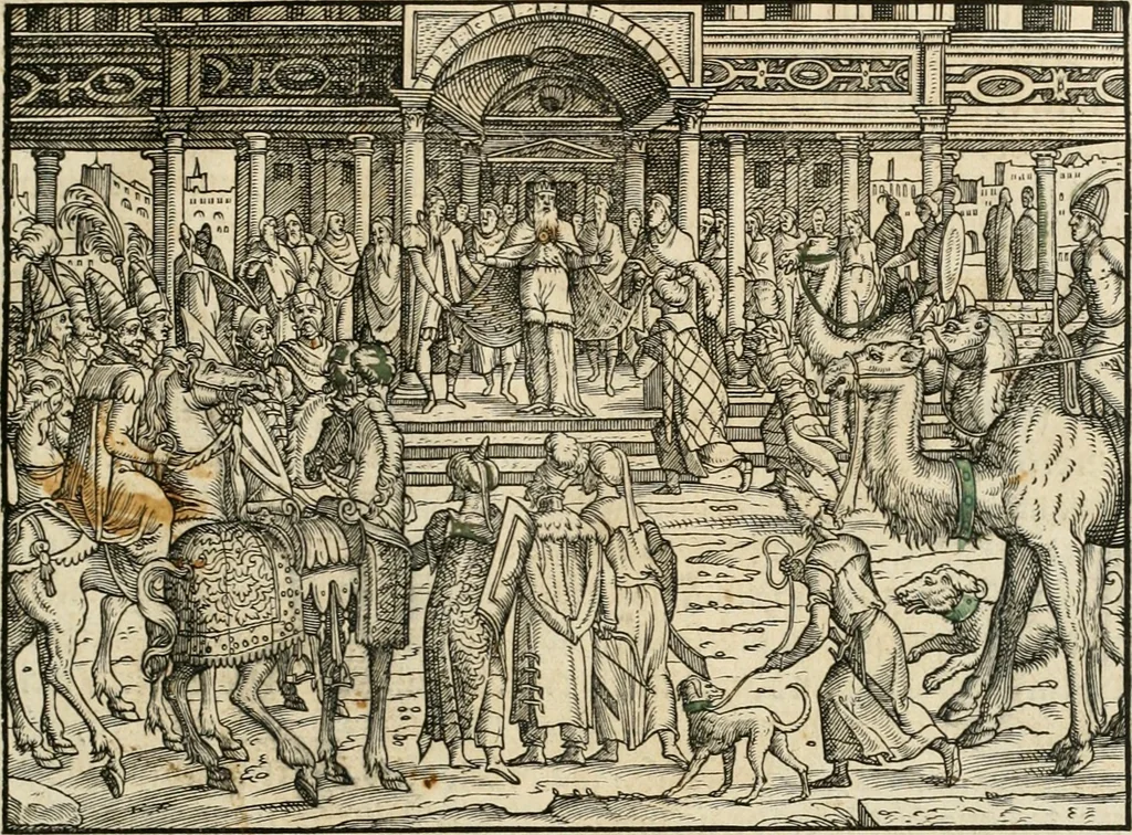 An illustration from Thurnier Buch : von Anfang, Vrsachen, Vrsprung vnd Herkommen der Thurnier im Heyligen Römischen Reich Teutscher Nation, wie viel offentlicher Landthurnier von Keyser Heinrich dem Ersten dieses Namens an biss auff den jetztregierenden Keyser Maximilian den Andern ... vnd in welchen Stetten die alle gehalten ... Alles jetzunder von neuwem zusammen getragen, mit schönen neuwen Figuren, sonderlich auch der adelischen Wappen, auffs schönest zugericht .., 1566, leaf 20