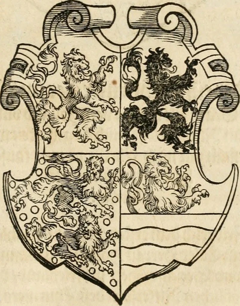 An illustration from Thurnier Buch : von Anfang, Vrsachen, Vrsprung vnd Herkommen der Thurnier im Heyligen Römischen Reich Teutscher Nation, wie viel offentlicher Landthurnier von Keyser Heinrich dem Ersten dieses Namens an biss auff den jetztregierenden Keyser Maximilian den Andern ... vnd in welchen Stetten die alle gehalten ... Alles jetzunder von neuwem zusammen getragen, mit schönen neuwen Figuren, sonderlich auch der adelischen Wappen, auffs schönest zugericht .., 1566, leaf 200