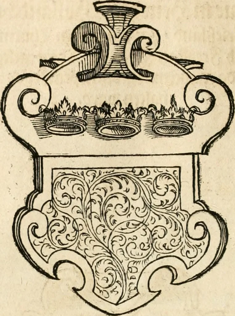 An illustration from Thurnier Buch : von Anfang, Vrsachen, Vrsprung vnd Herkommen der Thurnier im Heyligen Römischen Reich Teutscher Nation, wie viel offentlicher Landthurnier von Keyser Heinrich dem Ersten dieses Namens an biss auff den jetztregierenden Keyser Maximilian den Andern ... vnd in welchen Stetten die alle gehalten ... Alles jetzunder von neuwem zusammen getragen, mit schönen neuwen Figuren, sonderlich auch der adelischen Wappen, auffs schönest zugericht .., 1566, leaf 201