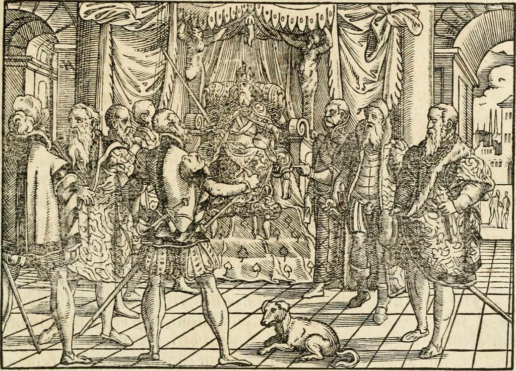 An illustration from Thurnier Buch : von Anfang, Vrsachen, Vrsprung vnd Herkommen der Thurnier im Heyligen Römischen Reich Teutscher Nation, wie viel offentlicher Landthurnier von Keyser Heinrich dem Ersten dieses Namens an biss auff den jetztregierenden Keyser Maximilian den Andern ... vnd in welchen Stetten die alle gehalten ... Alles jetzunder von neuwem zusammen getragen, mit schönen neuwen Figuren, sonderlich auch der adelischen Wappen, auffs schönest zugericht .., 1566, leaf 202