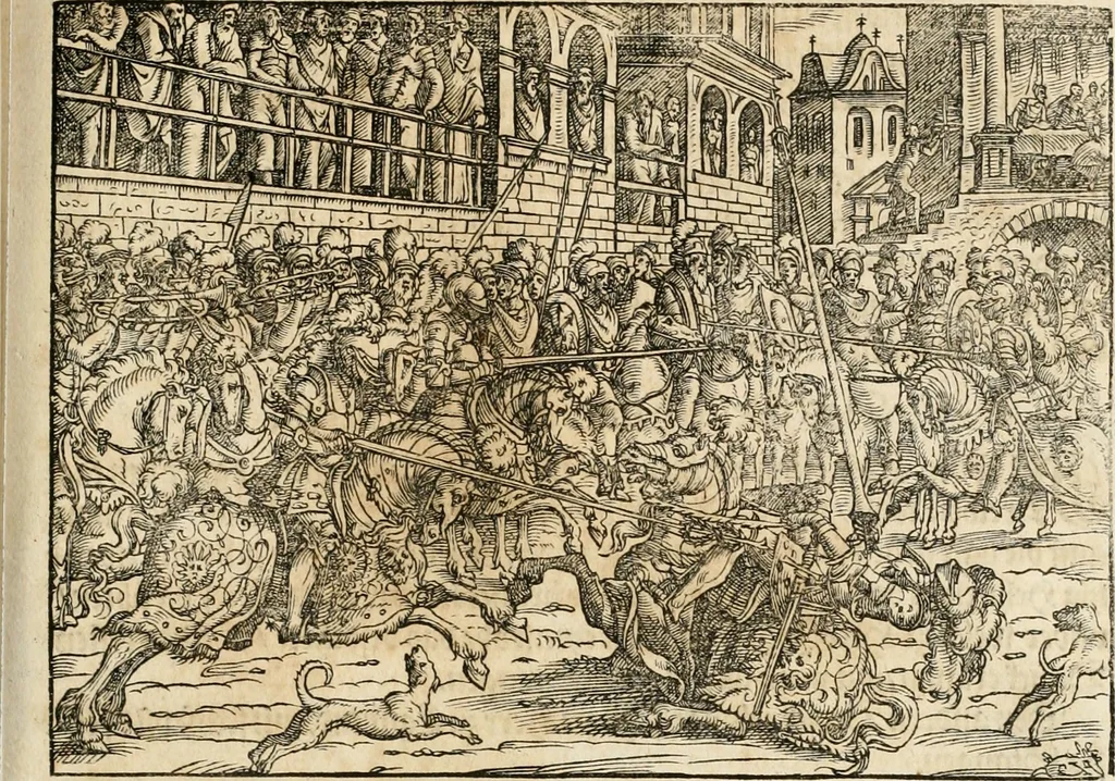 An illustration from Thurnier Buch : von Anfang, Vrsachen, Vrsprung vnd Herkommen der Thurnier im Heyligen Römischen Reich Teutscher Nation, wie viel offentlicher Landthurnier von Keyser Heinrich dem Ersten dieses Namens an biss auff den jetztregierenden Keyser Maximilian den Andern ... vnd in welchen Stetten die alle gehalten ... Alles jetzunder von neuwem zusammen getragen, mit schönen neuwen Figuren, sonderlich auch der adelischen Wappen, auffs schönest zugericht .., 1566, leaf 212