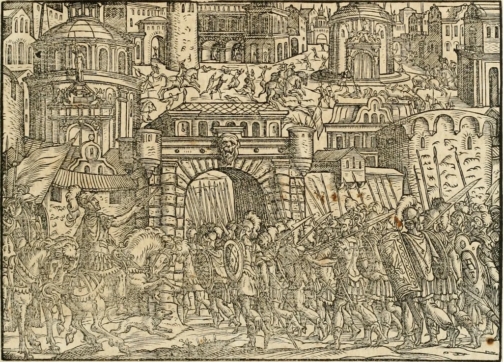 An illustration from Thurnier Buch : von Anfang, Vrsachen, Vrsprung vnd Herkommen der Thurnier im Heyligen Römischen Reich Teutscher Nation, wie viel offentlicher Landthurnier von Keyser Heinrich dem Ersten dieses Namens an biss auff den jetztregierenden Keyser Maximilian den Andern ... vnd in welchen Stetten die alle gehalten ... Alles jetzunder von neuwem zusammen getragen, mit schönen neuwen Figuren, sonderlich auch der adelischen Wappen, auffs schönest zugericht .., 1566, leaf 22