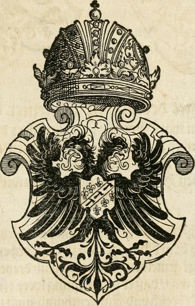 An illustration from Thurnier Buch : von Anfang, Vrsachen, Vrsprung vnd Herkommen der Thurnier im Heyligen Römischen Reich Teutscher Nation, wie viel offentlicher Landthurnier von Keyser Heinrich dem Ersten dieses Namens an biss auff den jetztregierenden Keyser Maximilian den Andern ... vnd in welchen Stetten die alle gehalten ... Alles jetzunder von neuwem zusammen getragen, mit schönen neuwen Figuren, sonderlich auch der adelischen Wappen, auffs schönest zugericht .., 1566, leaf 220