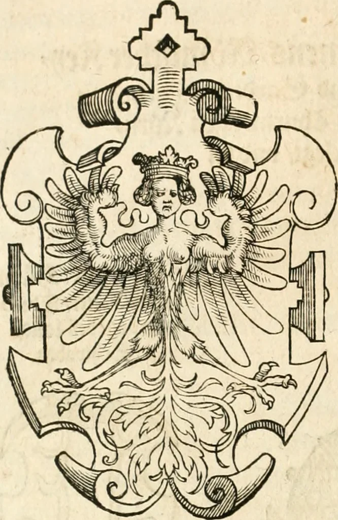 An illustration from Thurnier Buch : von Anfang, Vrsachen, Vrsprung vnd Herkommen der Thurnier im Heyligen Römischen Reich Teutscher Nation, wie viel offentlicher Landthurnier von Keyser Heinrich dem Ersten dieses Namens an biss auff den jetztregierenden Keyser Maximilian den Andern ... vnd in welchen Stetten die alle gehalten ... Alles jetzunder von neuwem zusammen getragen, mit schönen neuwen Figuren, sonderlich auch der adelischen Wappen, auffs schönest zugericht .., 1566, leaf 221